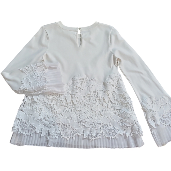 Boston Proper Woman's Sweater White Knit Lace over pleated Trim Long sleeves - Picture 3 of 9